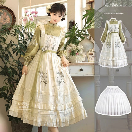 Vintage - style Green and White Layered Lolita Dress with Floral Embroidery