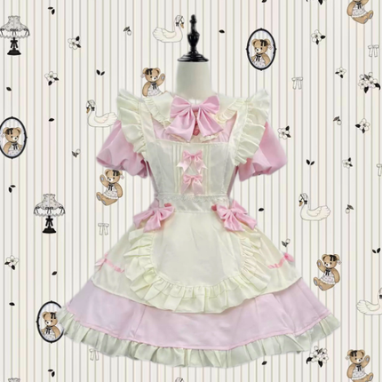 Elegant Black and White Lolita Maid Dress with Ruffled Skirt and Delicate Bows