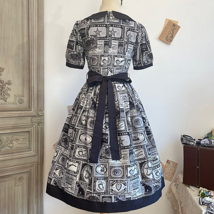 Vintage Postage Stamp Lolita Dress – Classic American Retro Short Sleeve OP for Daily Wear