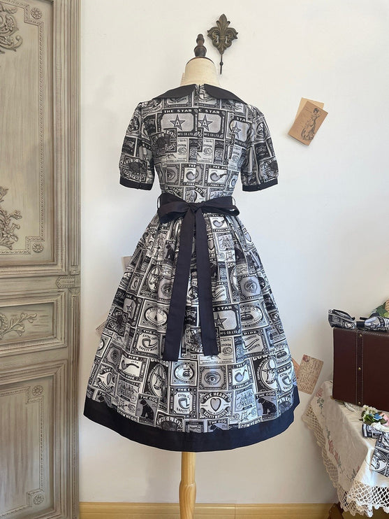 Vintage Postage Stamp Lolita Dress – Classic American Retro Short Sleeve OP for Daily Wear