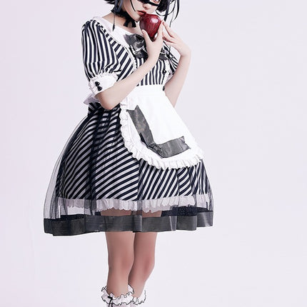 Lemonade Striped Puff-Sleeve Sweet Lolita Dress with Pink Bowknot & Lace Apron