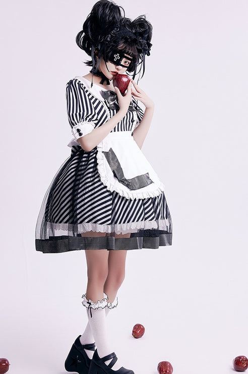 Lemonade Striped Puff-Sleeve Sweet Lolita Dress with Pink Bowknot & Lace Apron