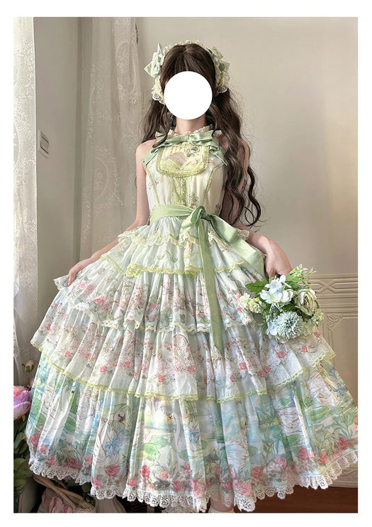 Elegant Vintage Floral Lolita JSK with Ruffled Details and Adjustable Waist Ties