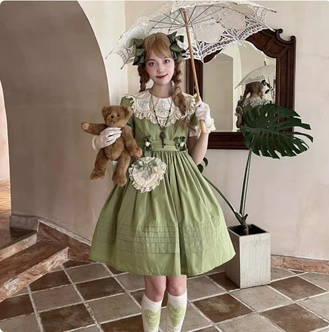 Vintage Garden Lolita Dress - Embroidered Floral Collar OP in Soft Green