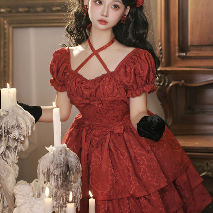 Thorn Rose Lolita Dress Short Sleeve OP Triple-Layer Puffy Skirt Red Lolita Dress