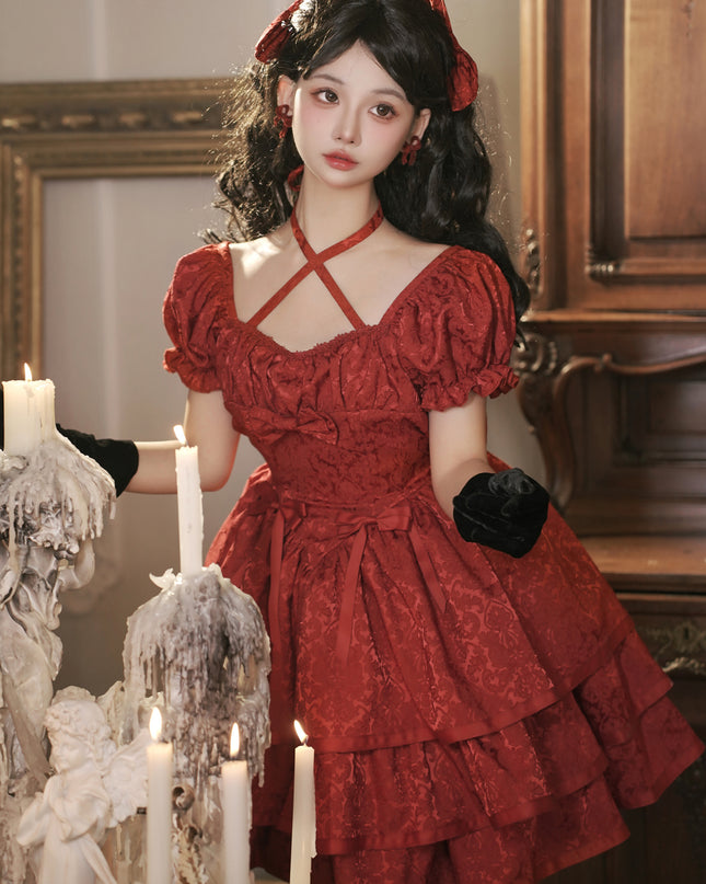 Thorn Rose Lolita Dress Short Sleeve OP Triple-Layer Puffy Skirt Red Lolita Dress