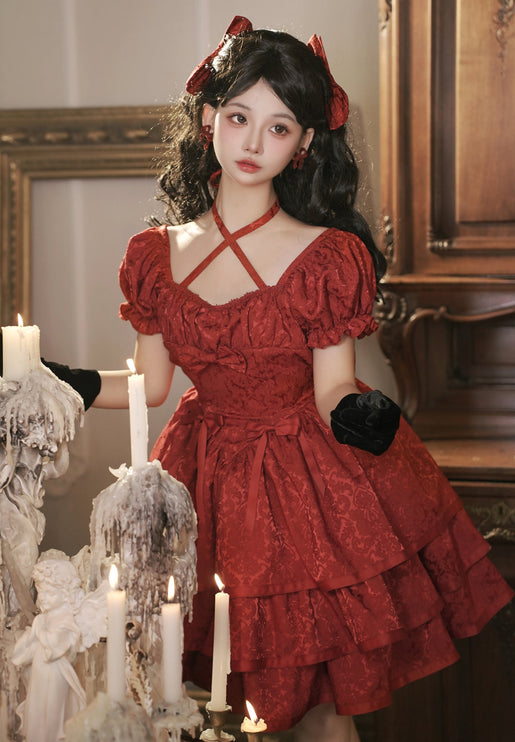 Thorn Rose Lolita Dress Short Sleeve OP Triple-Layer Puffy Skirt Red Lolita Dress