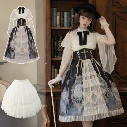 Victorian Gothic Lolita 4-Piece Set, Skirt with Baroque Print and Cross Lace