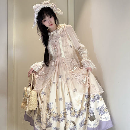 Bluebird Garden Lolita JSK – Elegant Floral Print Cla Series Dress with Waist Tie and Scalloped Hem