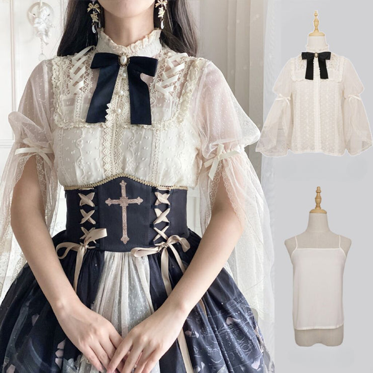 Victorian Gothic Lolita 4-Piece Set, Skirt with Baroque Print and Cross Lace