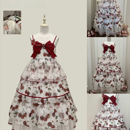 S-2XL Cherry Blossom Delight Lolita Dress – Sweet Vintage Print JSK/OP in Black, Red, Gray & White