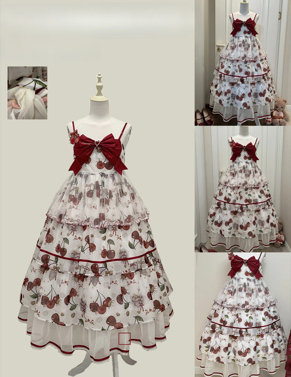 S-2XL Cherry Blossom Delight Lolita Dress – Sweet Vintage Print JSK/OP in Black, Red, Gray & White