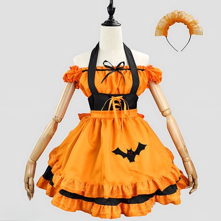 S-3XL Enchanting Halloween Lolita Maid Costume with Bat Applique and Ruffled Trim Skirt