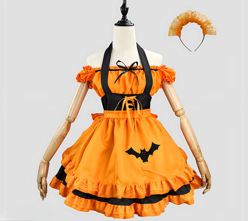 S-3XL Enchanting Halloween Lolita Maid Costume with Bat Applique and Ruffled Trim Skirt