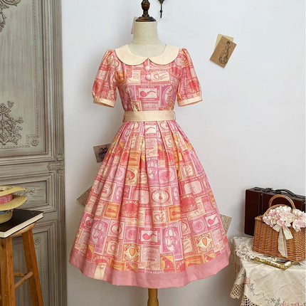 Vintage Postage Stamp Lolita Dress – Classic American Retro Short Sleeve OP for Daily Wear