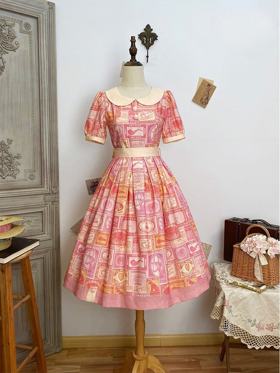 Vintage Postage Stamp Lolita Dress – Classic American Retro Short Sleeve OP for Daily Wear