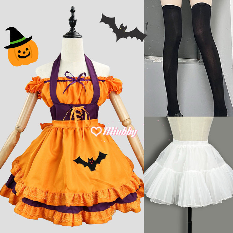 S-3XL Enchanting Halloween Lolita Maid Costume with Bat Applique and Ruffled Trim Skirt