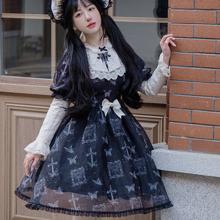 Stage Butterfly Pattern Embroidered Floral Print Natural Flounce Detachable Sleeves OP Lolita Dress