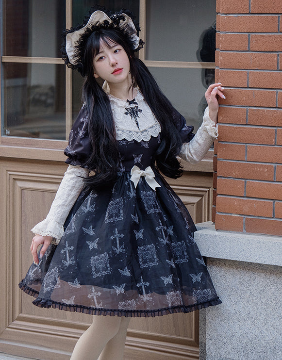 Stage Butterfly Pattern Embroidered Floral Print Natural Flounce Detachable Sleeves OP Lolita Dress