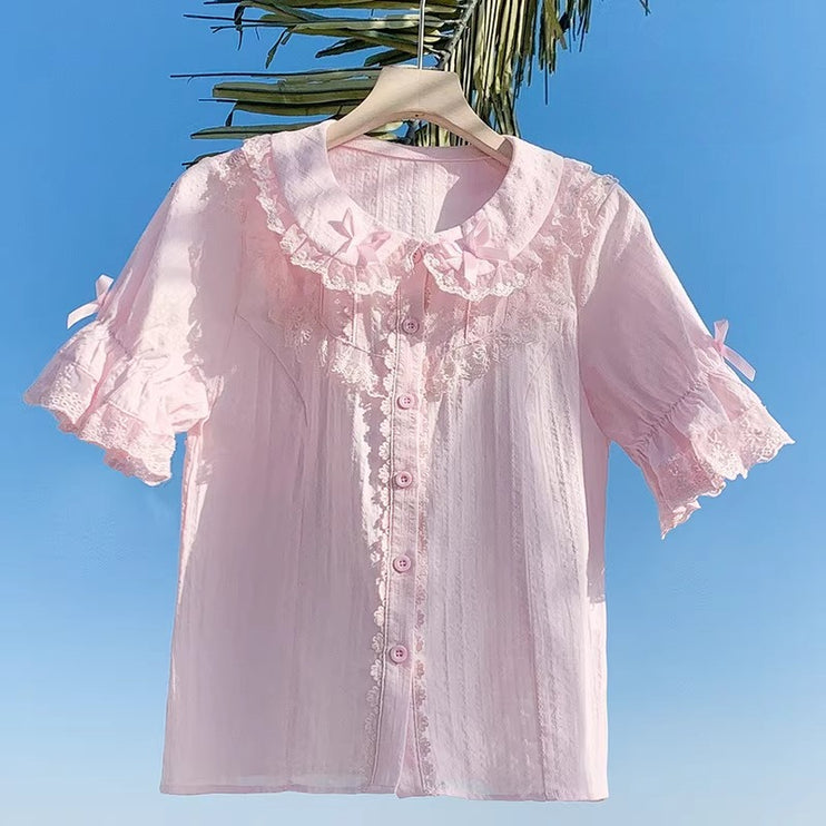 Lace - adorned Long - sleeved Blouse with Fluffy Cuffs, Exuding Delicate Femininity