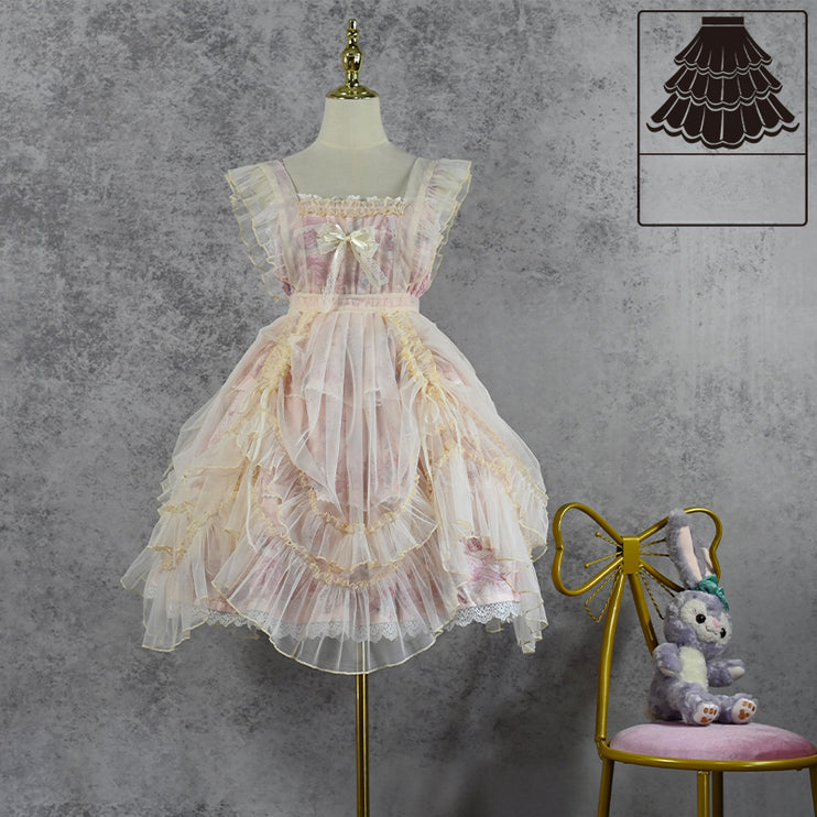 Serene Blossom Lolita Dress - Dual-Style Apron Overlay JSK with Floral and Lace Accents