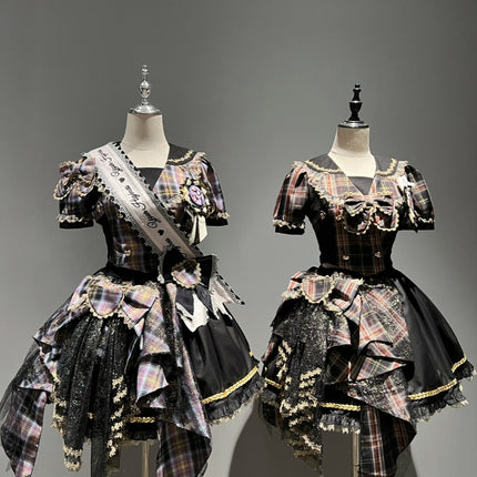 Tartan Melody Idol Lolita Two-Piece Set with Golden Accents Girl Group Inspired Skirt Ensemble