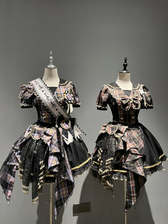 Tartan Melody Idol Lolita Two-Piece Set with Golden Accents Girl Group Inspired Skirt Ensemble