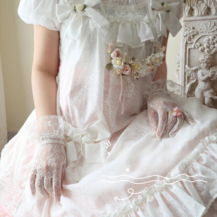 Elegant Pink and White Lace Lolita Dress with Puffed Sleeves and Ruffled Skirt