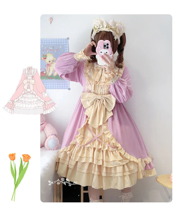 Sweet Lolita Princess Dress OP - Vintage Inspired Long Sleeve Layered Ruffle Dress