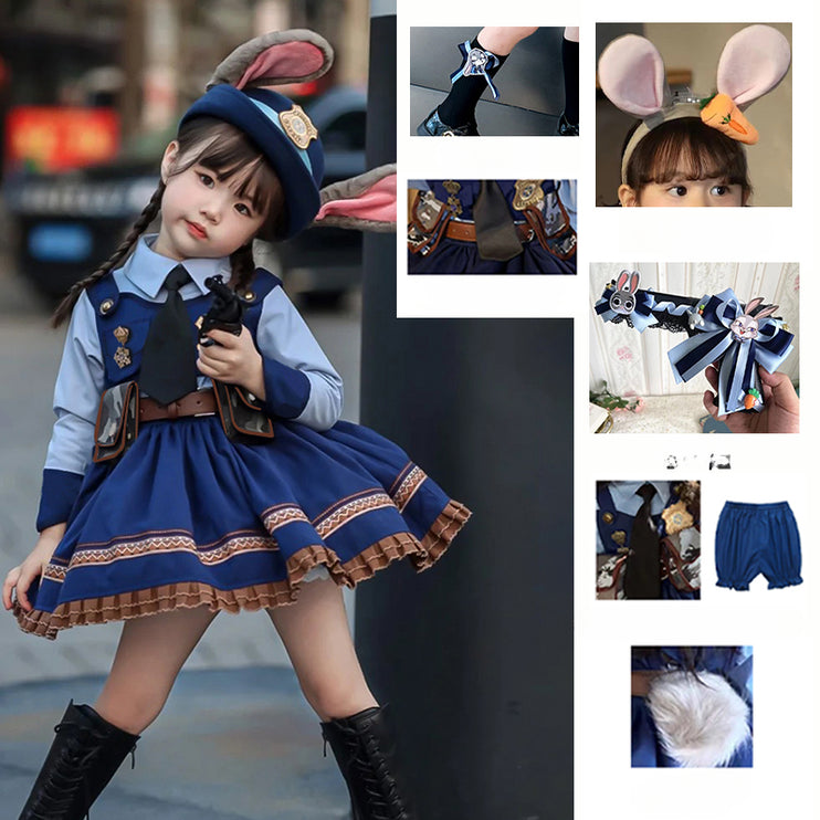 Rabbit Police Officer Lolita Dress for Girls - Navy Blue Whimsical Princess Costume