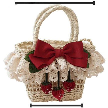 Lolita Strawberry Flower Handcrafted Bag Spring Outing Woven Basket