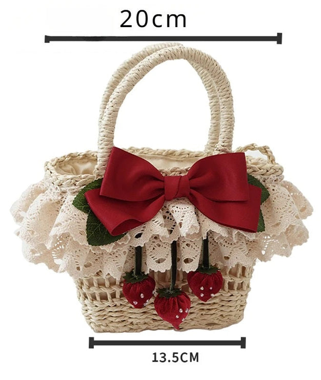 Lolita Strawberry Flower Handcrafted Bag Spring Outing Woven Basket