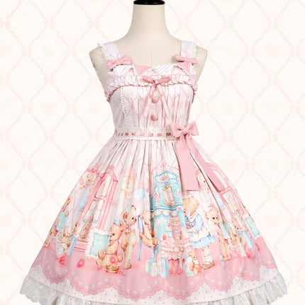 Teddy Bear's Cream Party Sweet Lolita JSK with Lace and Ribbon Accents