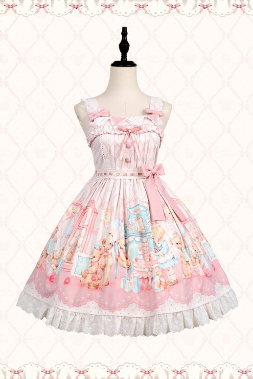 Teddy Bear's Cream Party Sweet Lolita JSK with Lace and Ribbon Accents