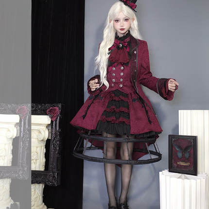 Twin Prince-Inspired Lolita Set – Black and Red Gothic High-Low Hoop Skirt with Vest and Shirt Design