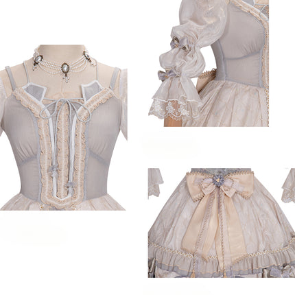 Ethereal Cream Floral Lolita Dress with Puffed Sleeves and Multi-Tiered Skirt