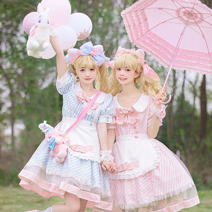 Lemonade Striped Puff-Sleeve Sweet Lolita Dress with Pink Bowknot & Lace Apron