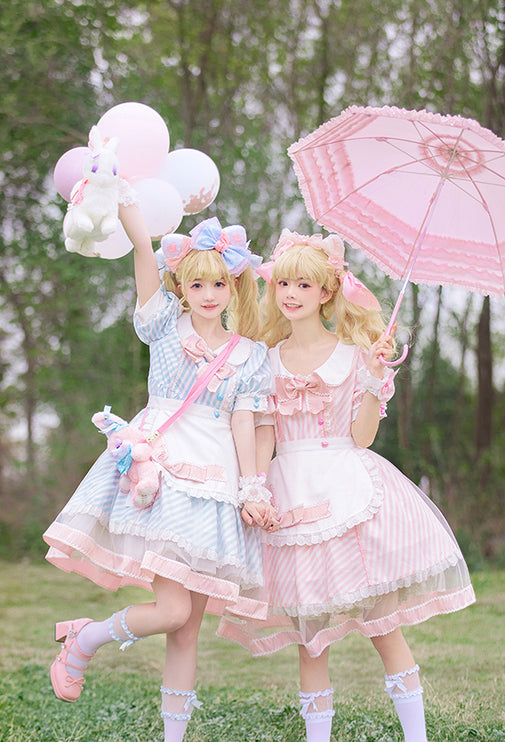 Lemonade Striped Puff-Sleeve Sweet Lolita Dress with Pink Bowknot & Lace Apron