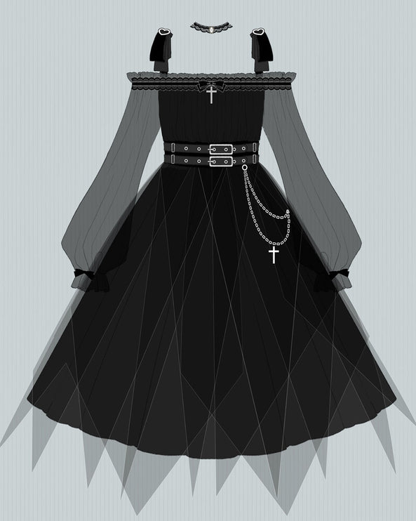 Vintage Square Neck Dark Gothic Black Lolita OP Dress Mid & Long Length