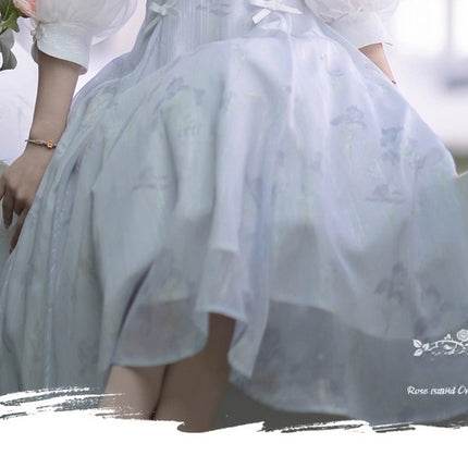 Lolita Fairy Dress! Lace Puff Sleeves + Light Blue Floral Maxi Skirt, Spring Garden Date Outfit