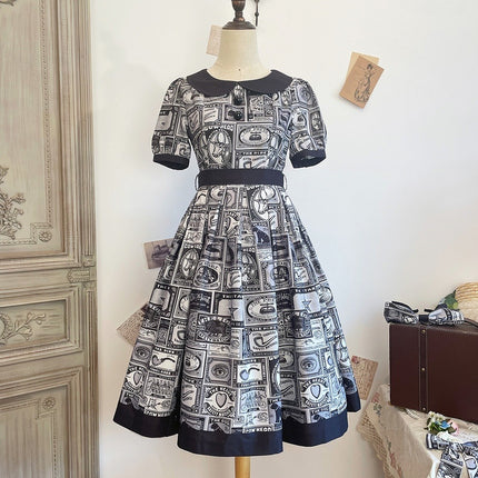 Vintage Postage Stamp Lolita Dress – Classic American Retro Short Sleeve OP for Daily Wear