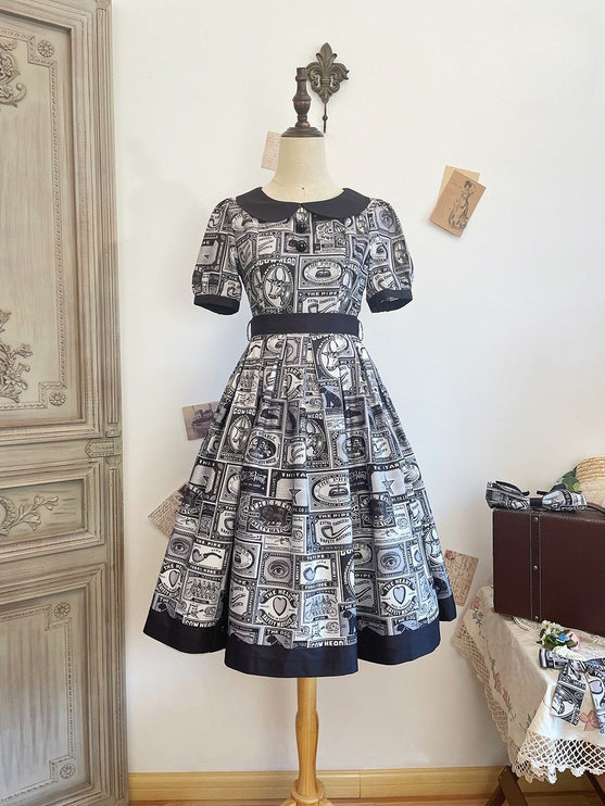 Vintage Postage Stamp Lolita Dress – Classic American Retro Short Sleeve OP for Daily Wear