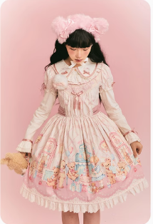 Teddy Bear's Cream Party Sweet Lolita JSK with Lace and Ribbon Accents
