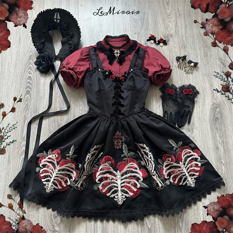 S-XL Skeleton Fishbone Skirt JSK Embroidered Beaded Dark Mysterious Dress Lolita Gown