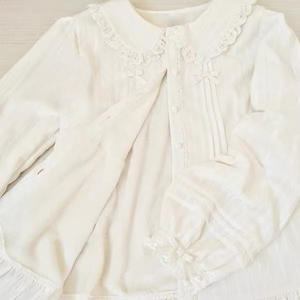 Vintage - style White or Cream Blouse with Peter Pan Collar, Bows and Ruffles
