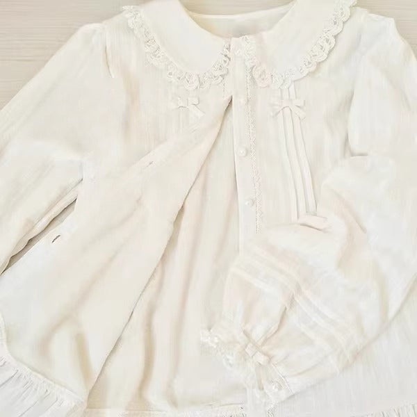 Vintage - style White or Cream Blouse with Peter Pan Collar, Bows and Ruffles