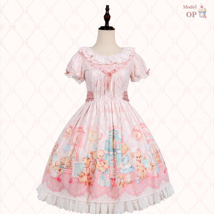 Teddy Bear's Cream Party Sweet Lolita JSK with Lace and Ribbon Accents