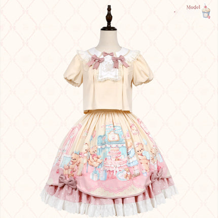 Teddy Bear's Cream Party Sweet Lolita JSK with Lace and Ribbon Accents