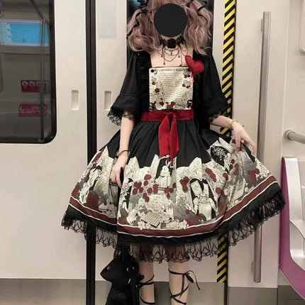 Dark Wonderland Asylum Lolita Dress - Gothic OP with Velvet Ribbon and Eerie Storybook Print