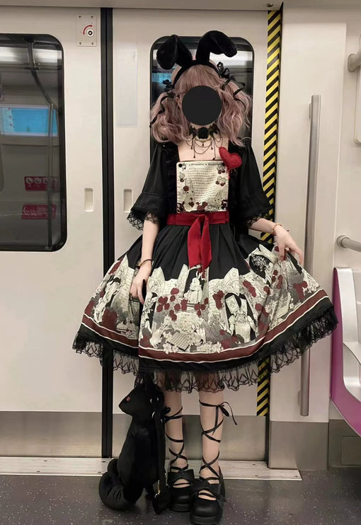 Dark Wonderland Asylum Lolita Dress - Gothic OP with Velvet Ribbon and Eerie Storybook Print